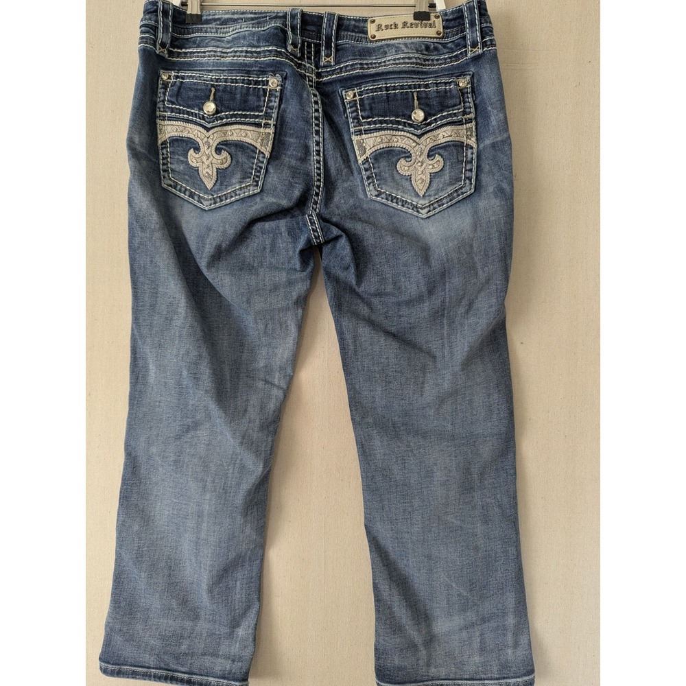 Rock Revival Audrina Capri Jeans Womens 34 Blue Mid Rise Curvy Fleur De Lis Y2K